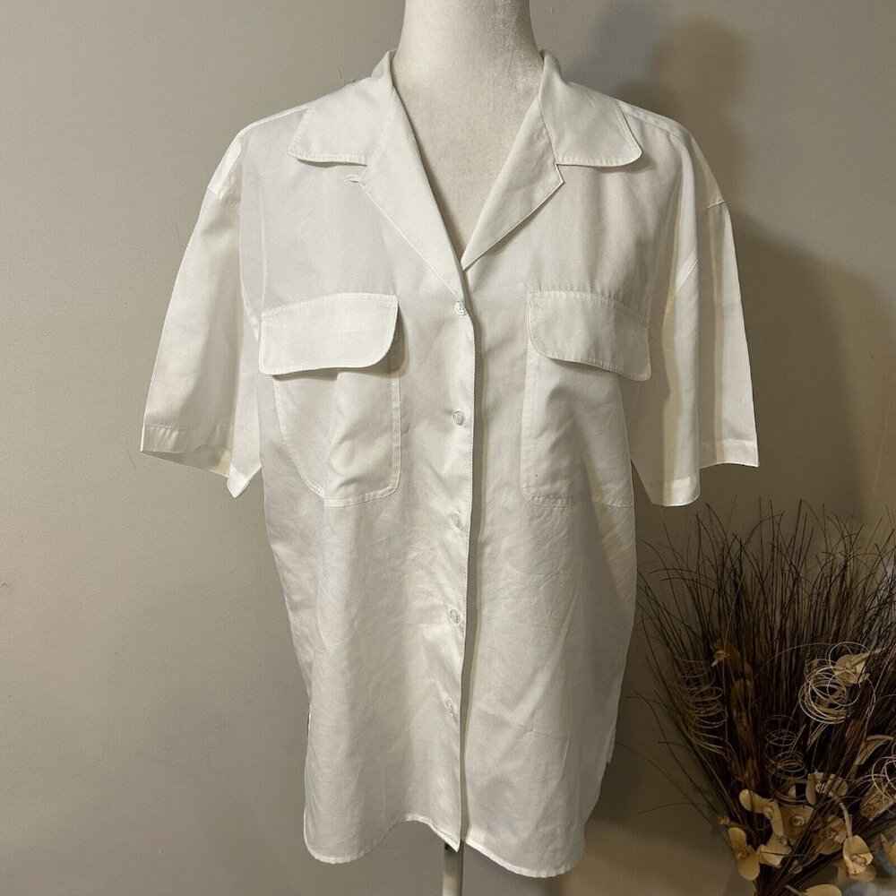 VTG Sheridan Square Womens Blouse Top Sz 14 White Button-Up Short Sleeve Pocket